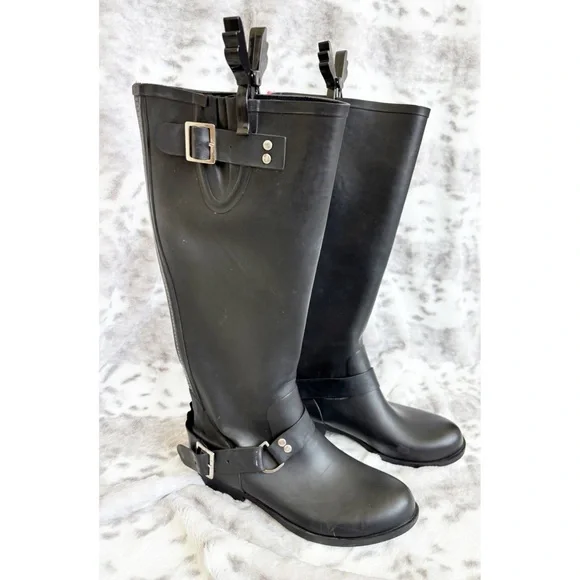 Steve Madden Tsunami Tall Rubber Black/Pink Detail Rain Boots Womens Size 8 - Picture 3 of 11